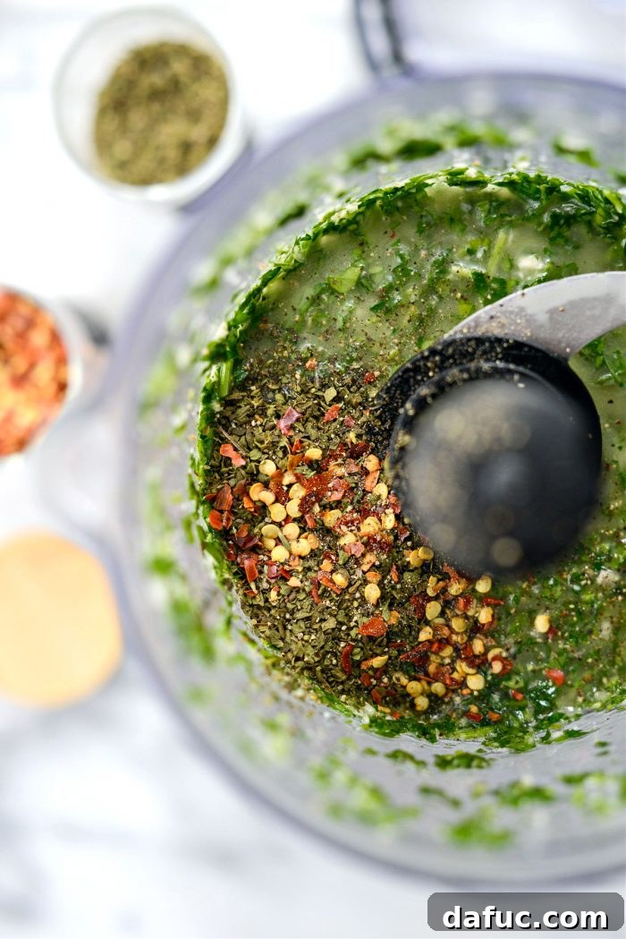 Garden Fresh Chimichurri 9 Adding dried oregano, red pepper flakes, and black pepper to chimichurri