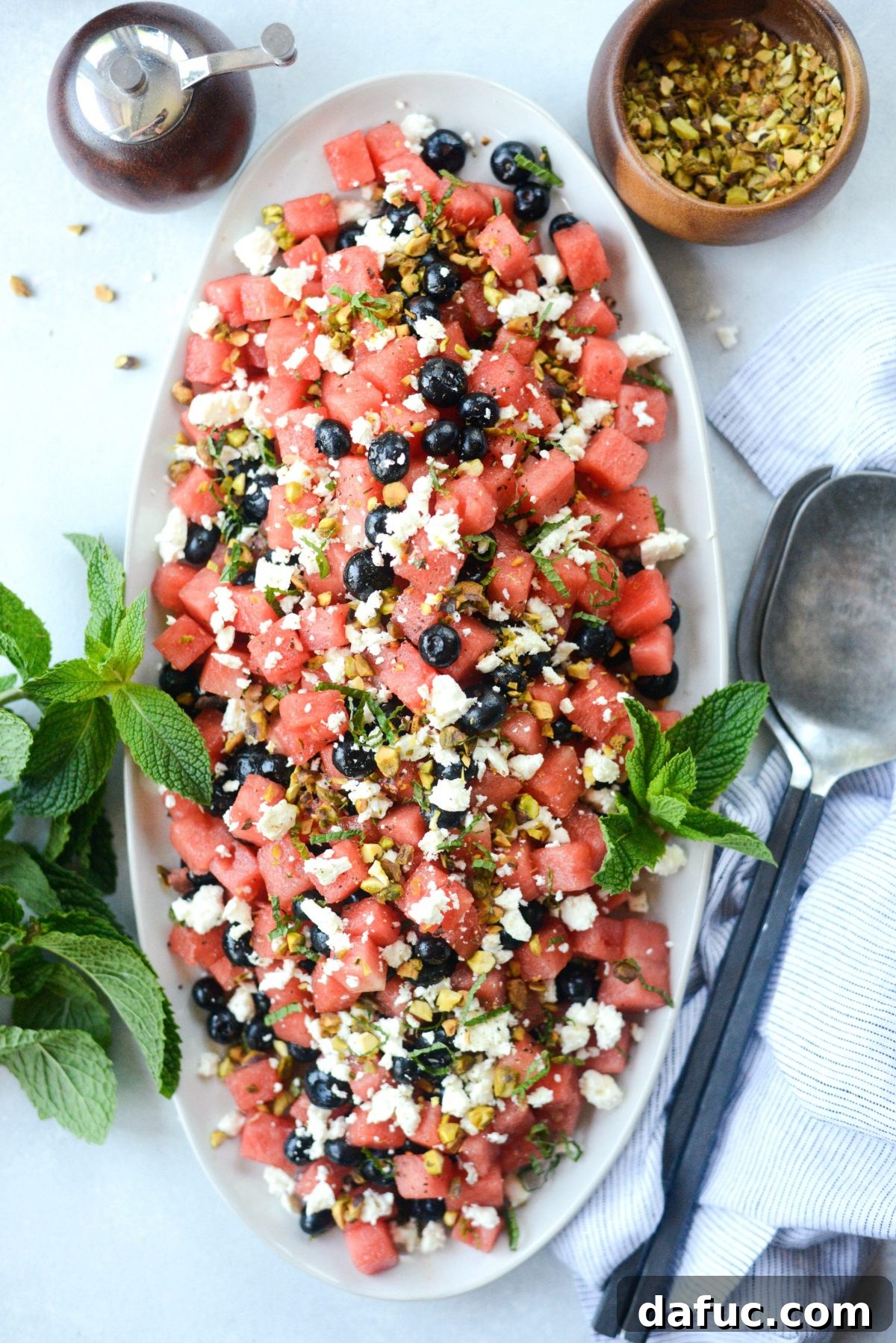Watermelon Blueberry Feta Salad presented beautifully on a serving plate.