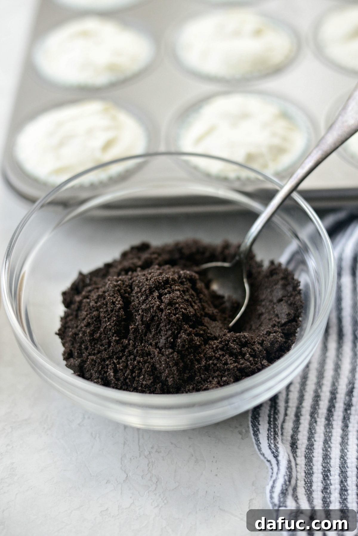 Bowl of fine chocolate sandwich cookie crumbs
