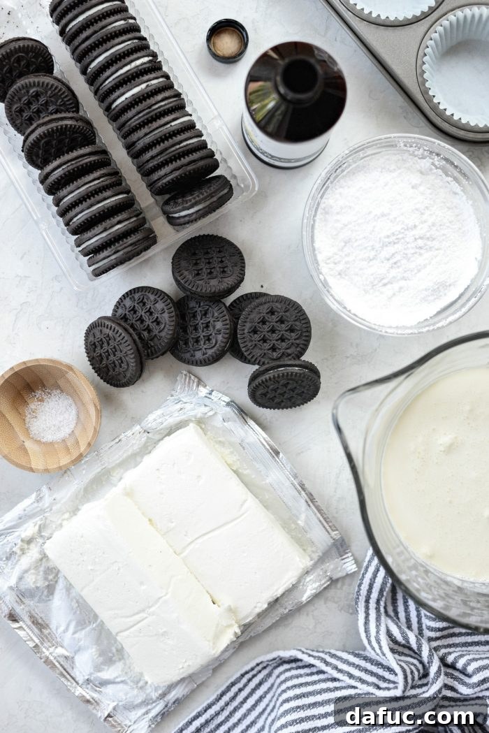 Decadent No-Bake Cookies and Cream Cheesecake Bites 4 Arrangement of essential ingredients for No-Bake Cookies and Cream Mini Cheesecakes: cream cheese, powdered sugar, vanilla, and chocolate sandwich cookies
