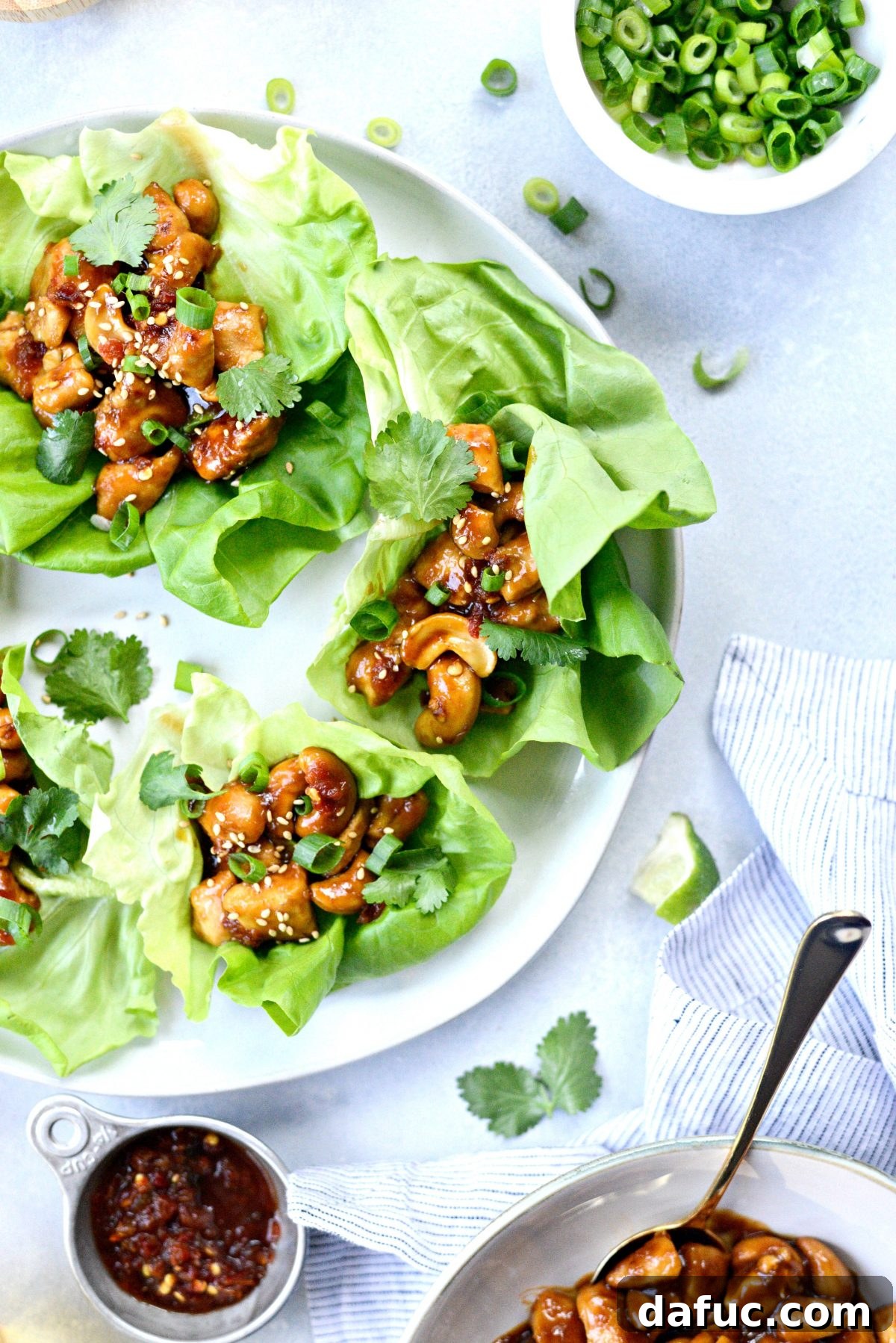 Close-up of a finished Thai Cashew Chicken Lettuce Wrap.