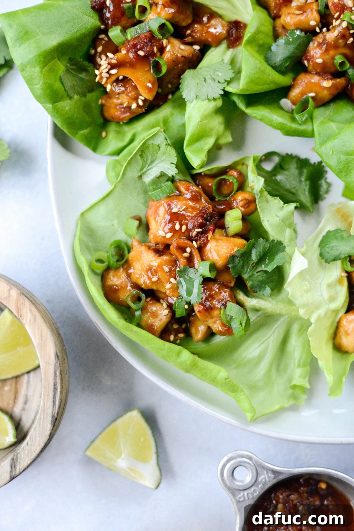 Beautifully arranged Thai Cashew Chicken Lettuce Wraps ready to serve.