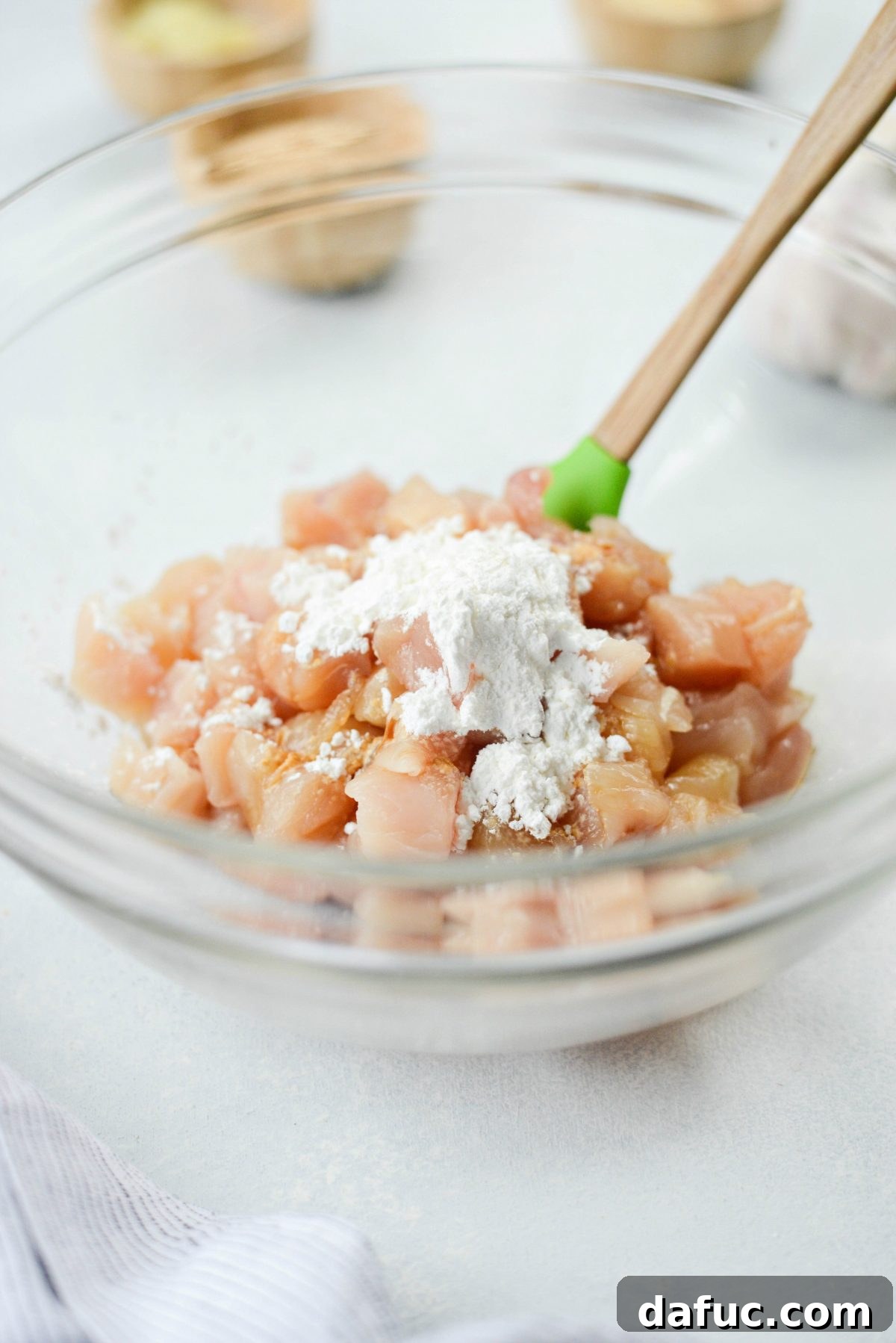 Diced chicken tenders seasoned with tamari, white pepper, and cornstarch.