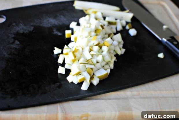 dice up two pears Dicing two pears for Oatmeal Brûlée
