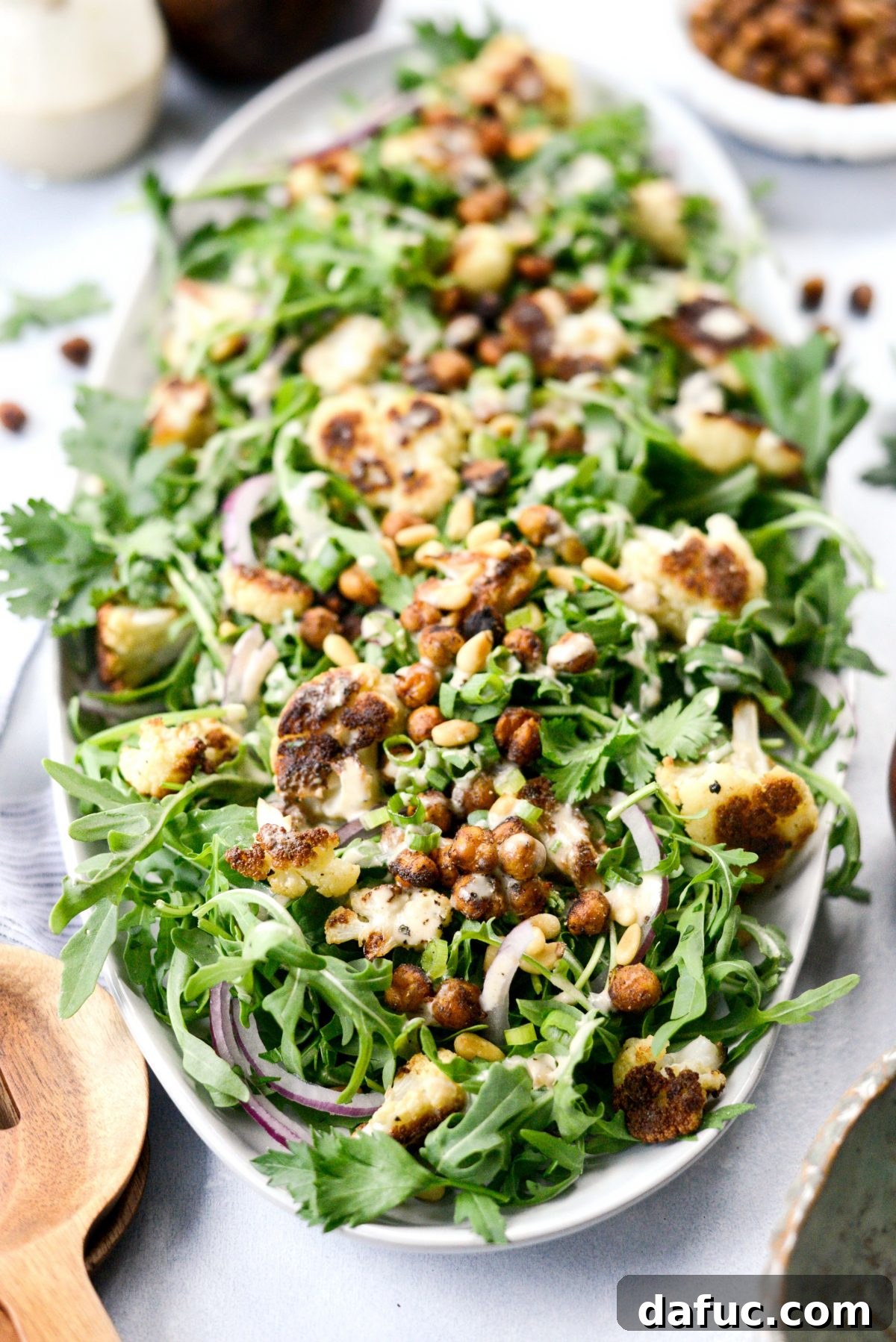Shawarma Roasted Cauliflower & Chickpea Bowl 14 Large bowl of Roasted Cauliflower Shawarma Chickpea Salad, ready to serve