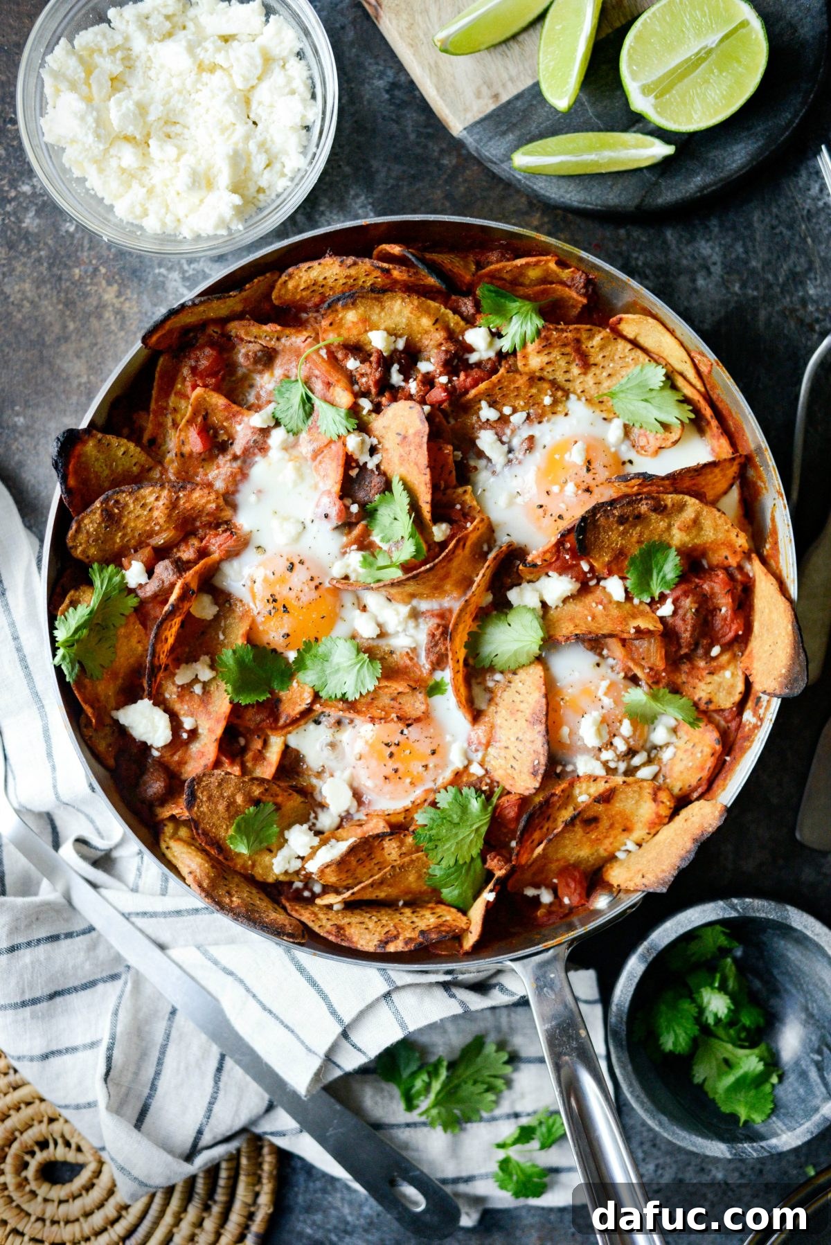 Hearty Chorizo and Sweet Potato Chilaquiles 3 Close-up of Chorizo Sweet Potato Chilaquiles with a runny egg yolk