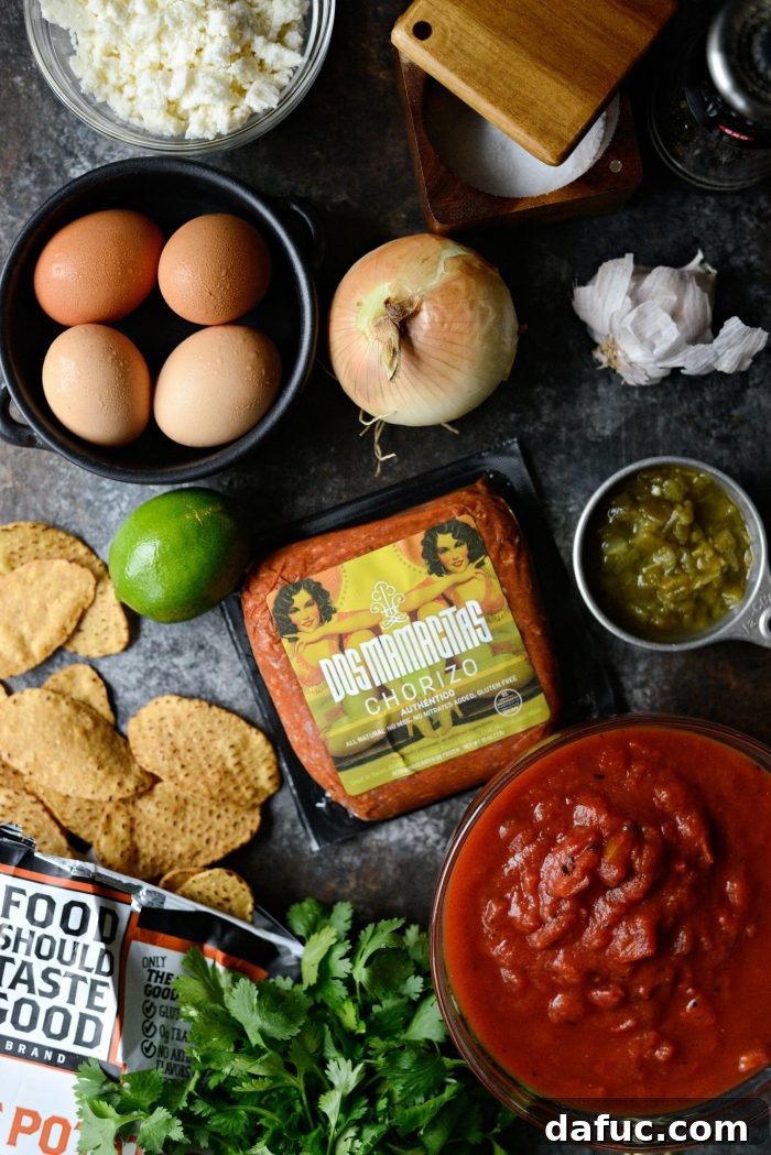 Hearty Chorizo and Sweet Potato Chilaquiles 4 Ingredients for Chorizo Sweet Potato Chilaquiles laid out on a table