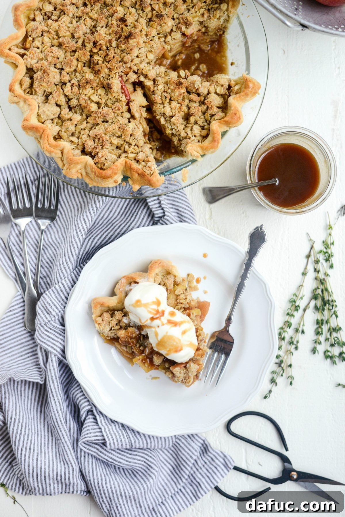 Rustic Brown Sugar Apple Pie with Oatmeal Thyme Crumble on a cooling rack