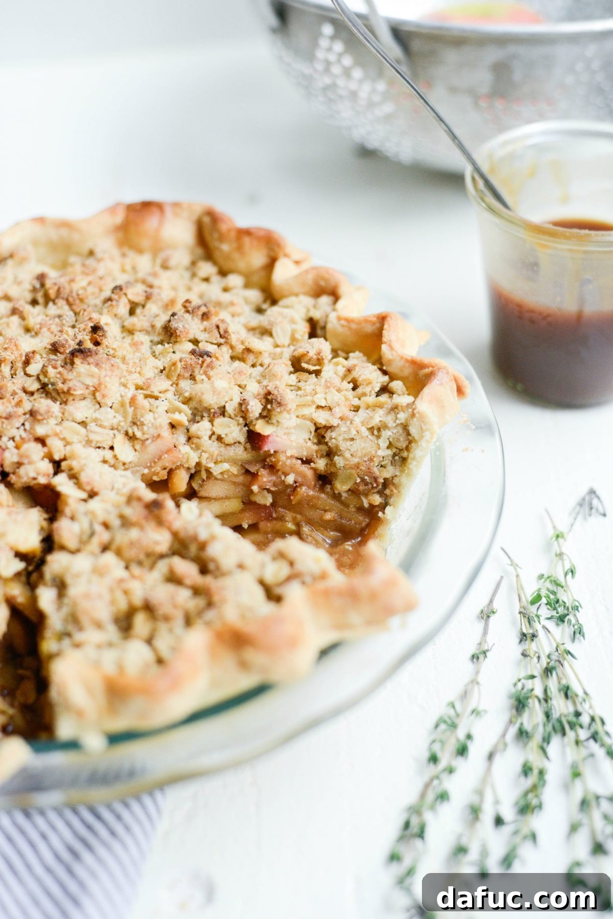 Full view of the baked Rustic Brown Sugar Apple Pie with Oatmeal Thyme Crumble