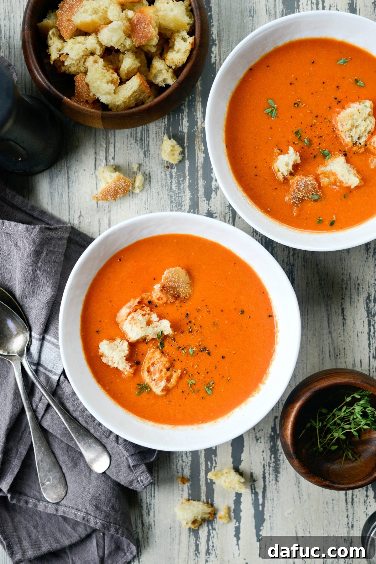 A beautifully presented bowl of Roasted Red Pepper Tomato Soup, garnished with fresh thyme and crispy croutons.