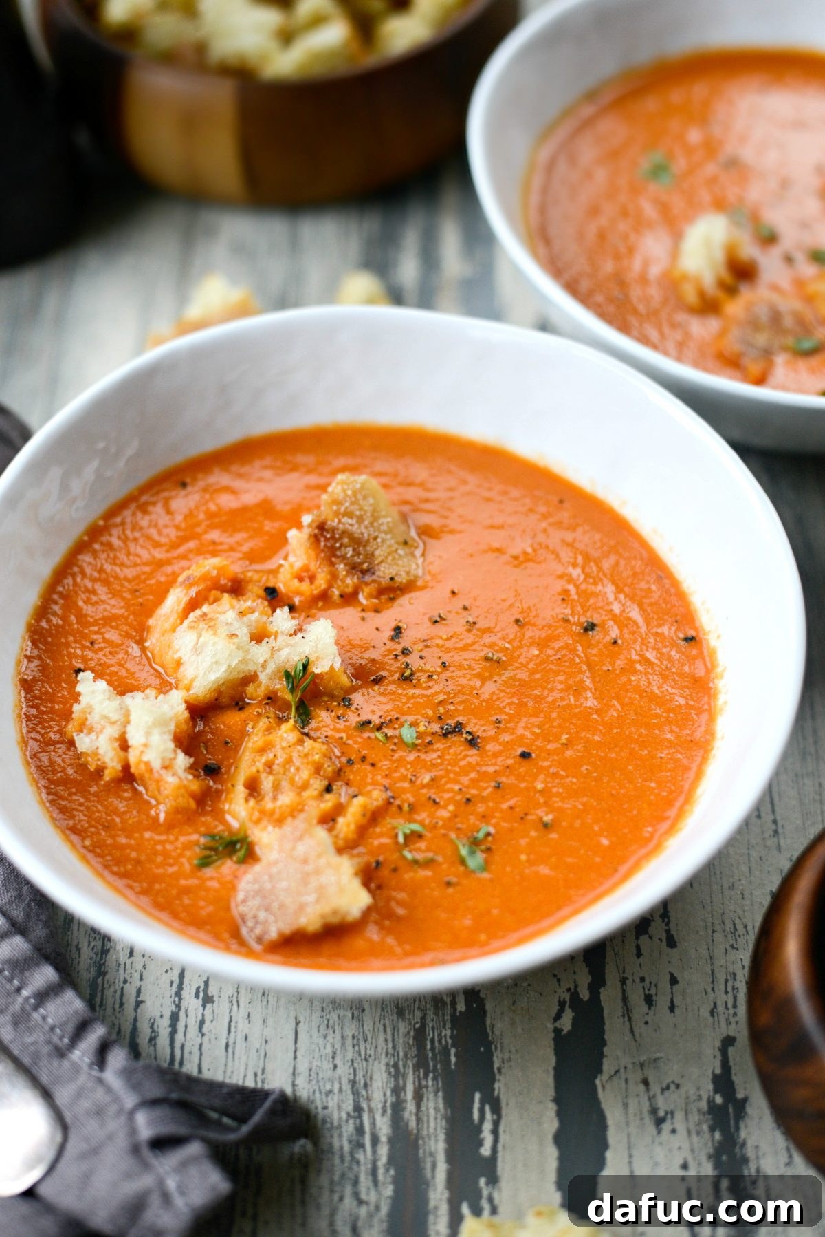 A close-up shot of the exquisite Roasted Red Pepper Tomato Soup, showcasing its rich texture and appetizing garnish.