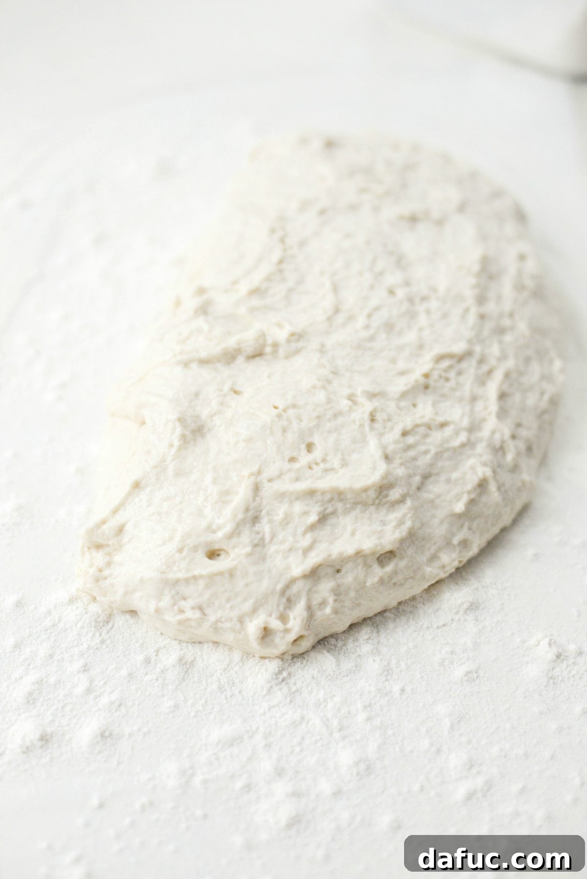 No-Knead Ciabatta: Easy Homemade Perfection 16 Ciabatta dough resting on a floured plastic wrap, ready for shaping