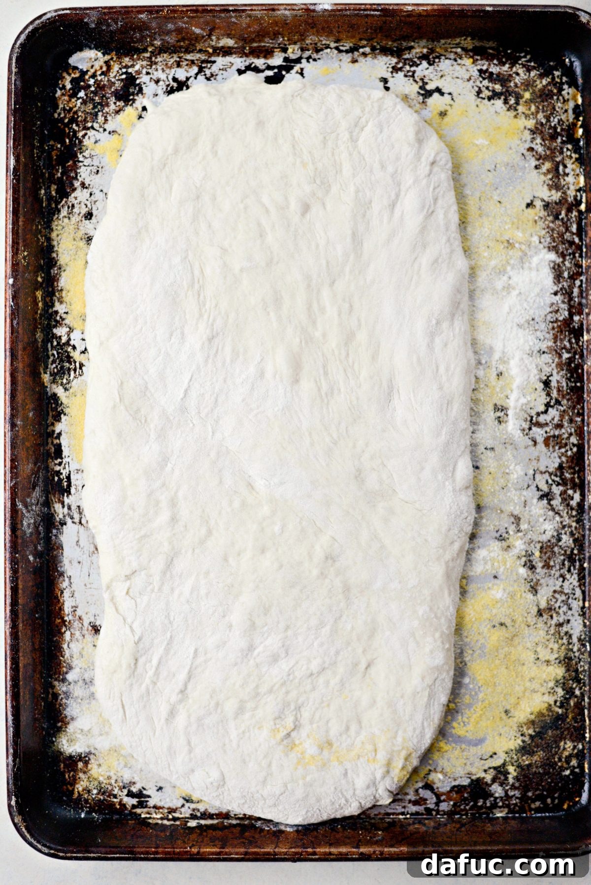 No-Knead Ciabatta: Easy Homemade Perfection 18 Transferring shaped ciabatta dough from plastic wrap to a cornmeal-dusted baking pan