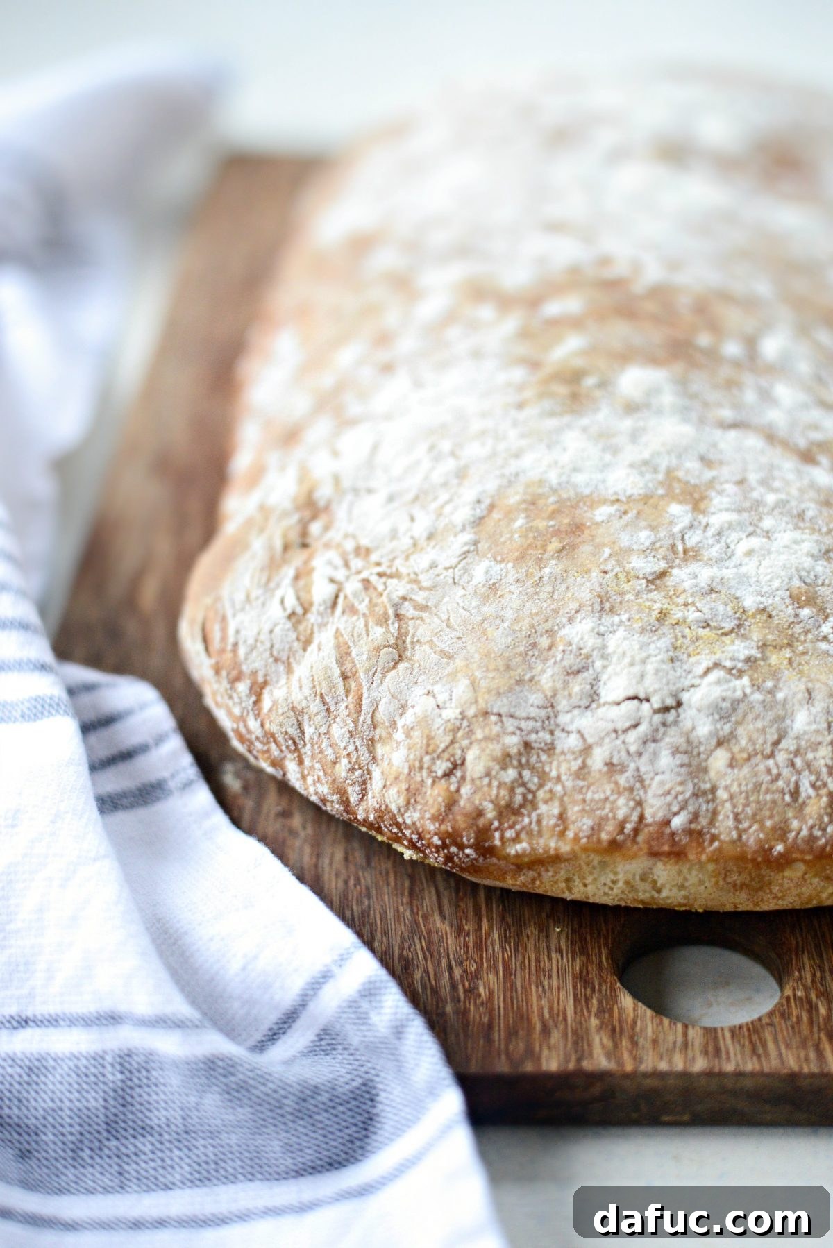 No-Knead Ciabatta: Easy Homemade Perfection 21 Close-up of baked Homemade No-Knead Ciabatta Bread, highlighting the rustic crust and shape