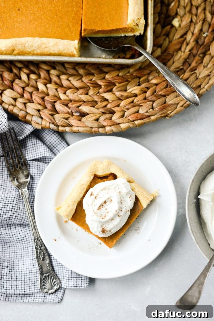 Sheet Pan Pumpkin Pie 3 Another view of a delicious Pumpkin Slab Pie, beautifully baked and ready for sharing