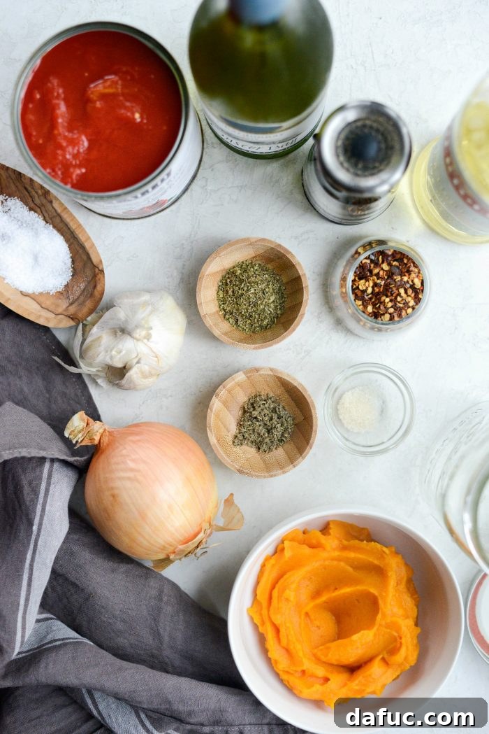 Sweet Butternut Marinara 4 Ingredients for Butternut Squash Marinara laid out
