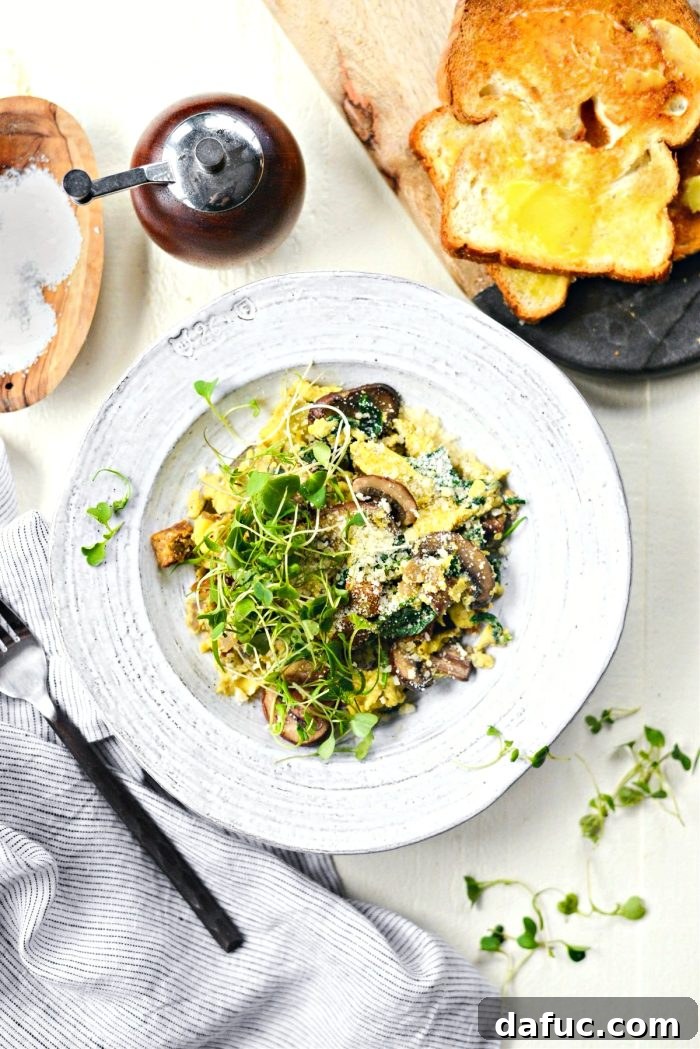 Vibrant Spinach and Mushroom Scramble 17 Top the scramble with freshly grated Parmesan cheese