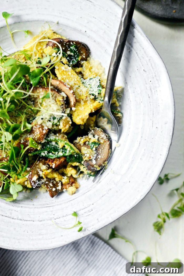 Vibrant Spinach and Mushroom Scramble 18 Garnish with fresh microgreens for extra freshness and presentation