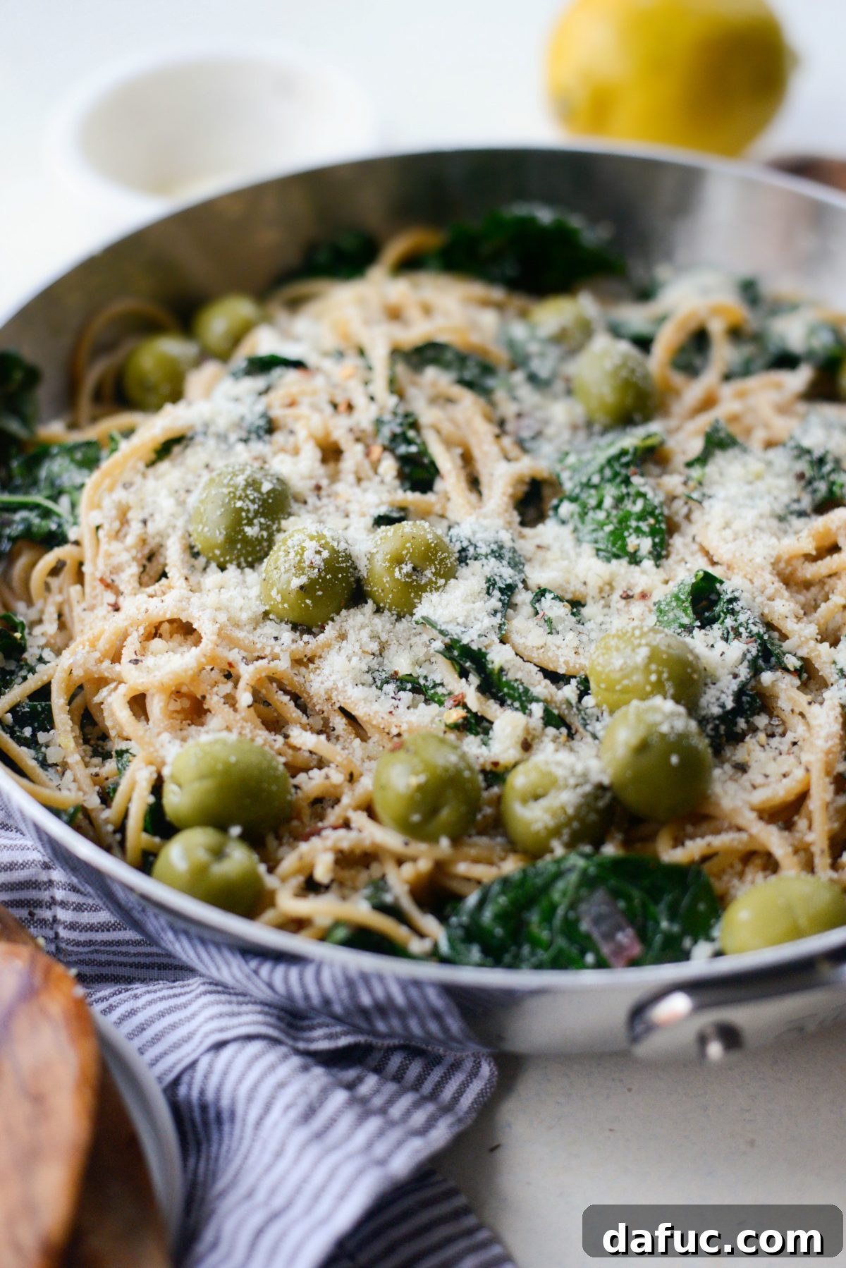 Tangy Lemon Kale Spaghetti with Olives and Parmesan 16 Plated Lemon Parmesan and Kale Spaghetti with Olives