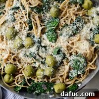 Tangy Lemon Kale Spaghetti with Olives and Parmesan 19 Lemon Parmesan and Kale Spaghetti with Olives Recipe Card Image