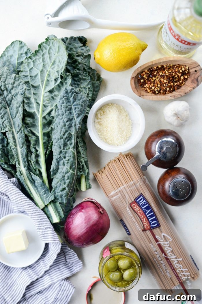 Tangy Lemon Kale Spaghetti with Olives and Parmesan 4 Ingredients for Lemon Parmesan and Kale Spaghetti with Olives
