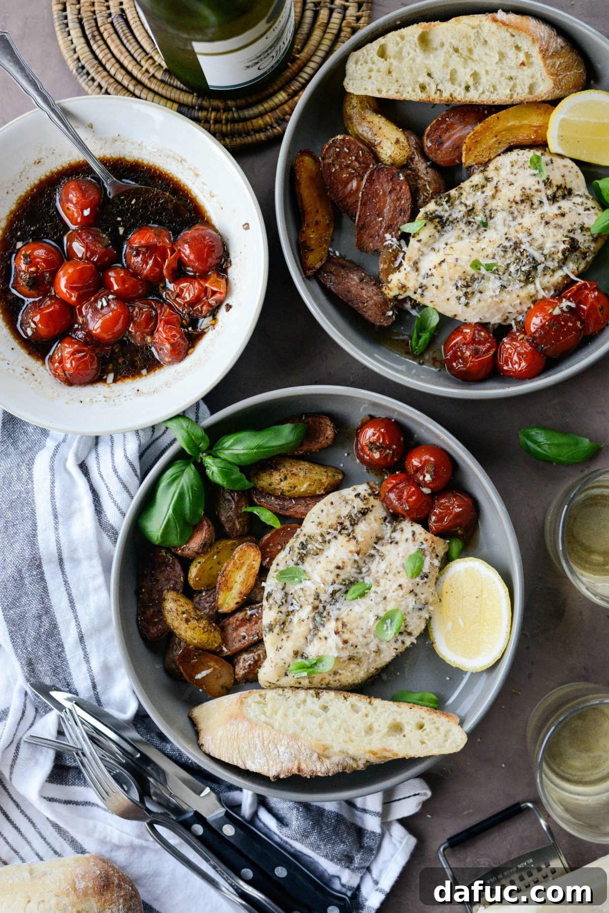 Tuscan Chicken and Potato Sheet Pan Dinner with Balsamic Burst Tomatoes, beautifully plated