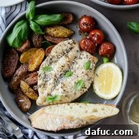 Tuscan Chicken and Potato Sheet Pan Dinner with Balsamic Burst Tomatoes | SimplyScratch.com