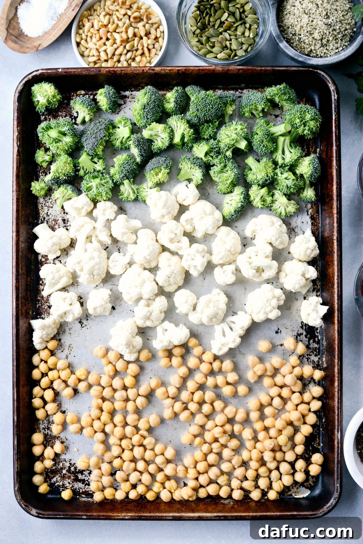 Warm Roasted Greens & Florets Salad 6 broccoli, cauliflower and chickpeas on a rimmed sheet pan