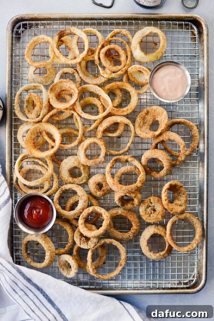 Air Fryer Beer Battered Onion Rings on wire rack