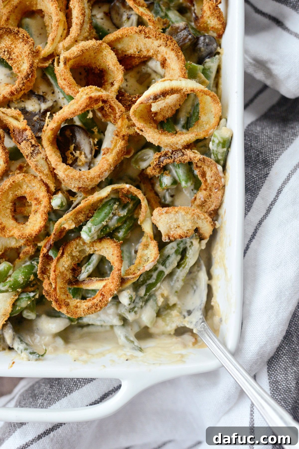 Crispy Onion Crowned Green Bean Casserole 2 Homemade Fresh Green Bean Casserole with Onion Ring Topping - SimplyScratch.com