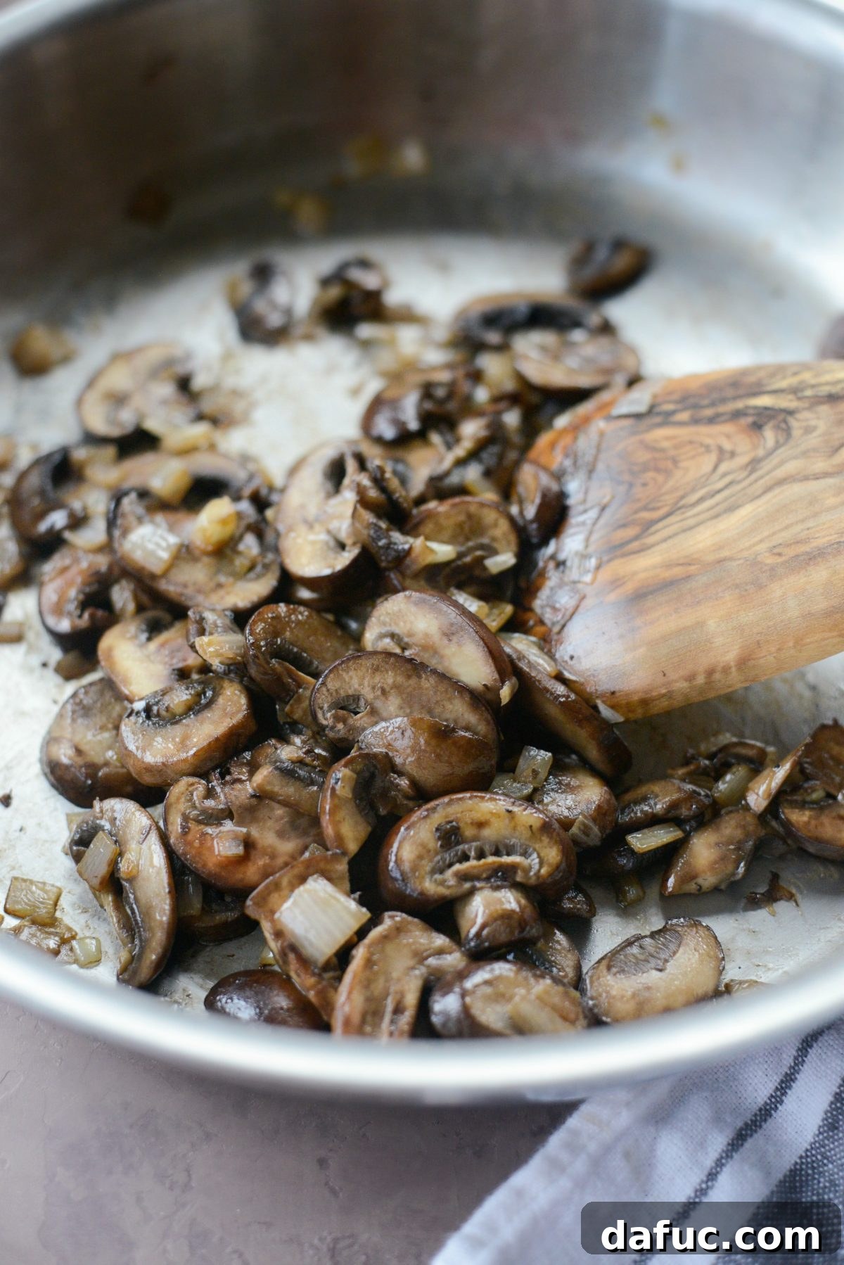 Crispy Onion Crowned Green Bean Casserole 12 sautéed mushrooms in skillet