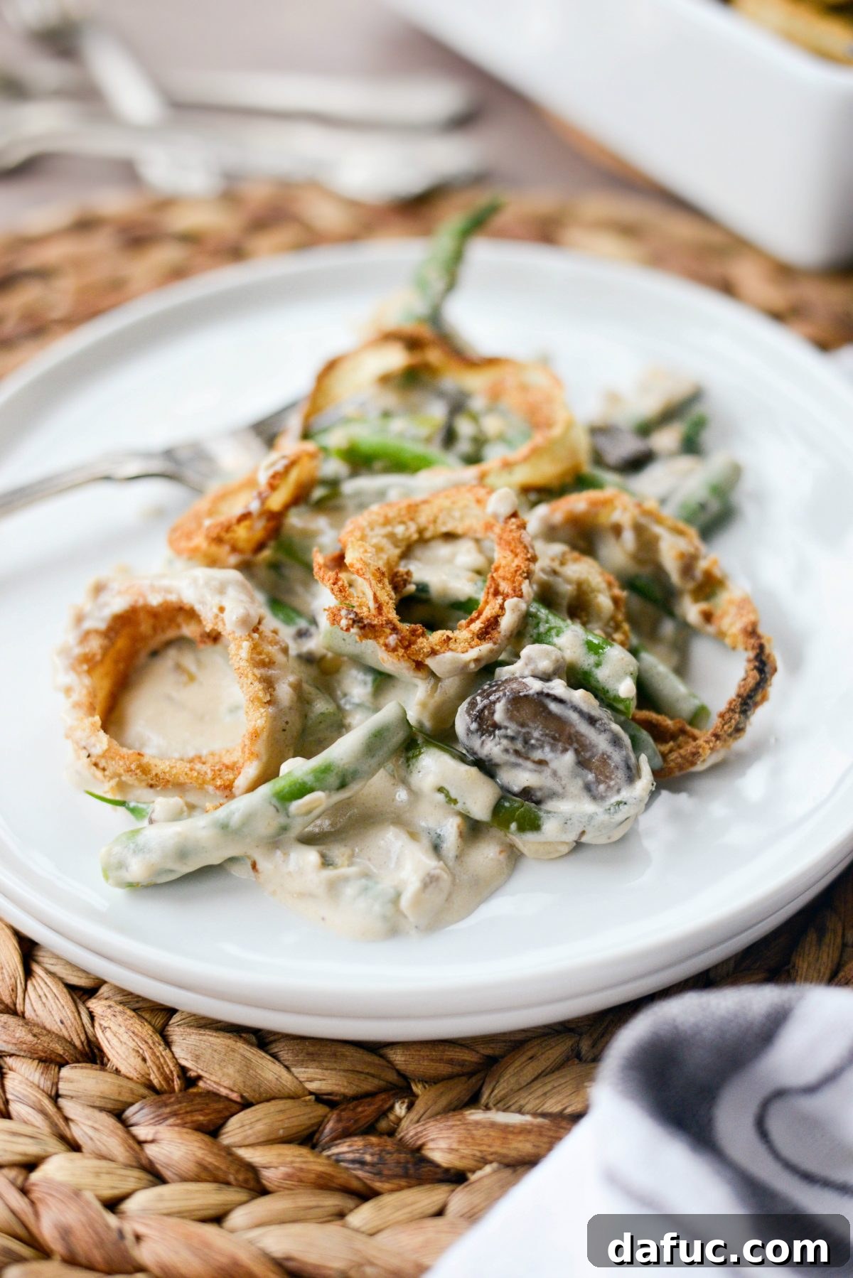 Crispy Onion Crowned Green Bean Casserole 3 Fresh Green Bean Casserole with Onion Ring Topping