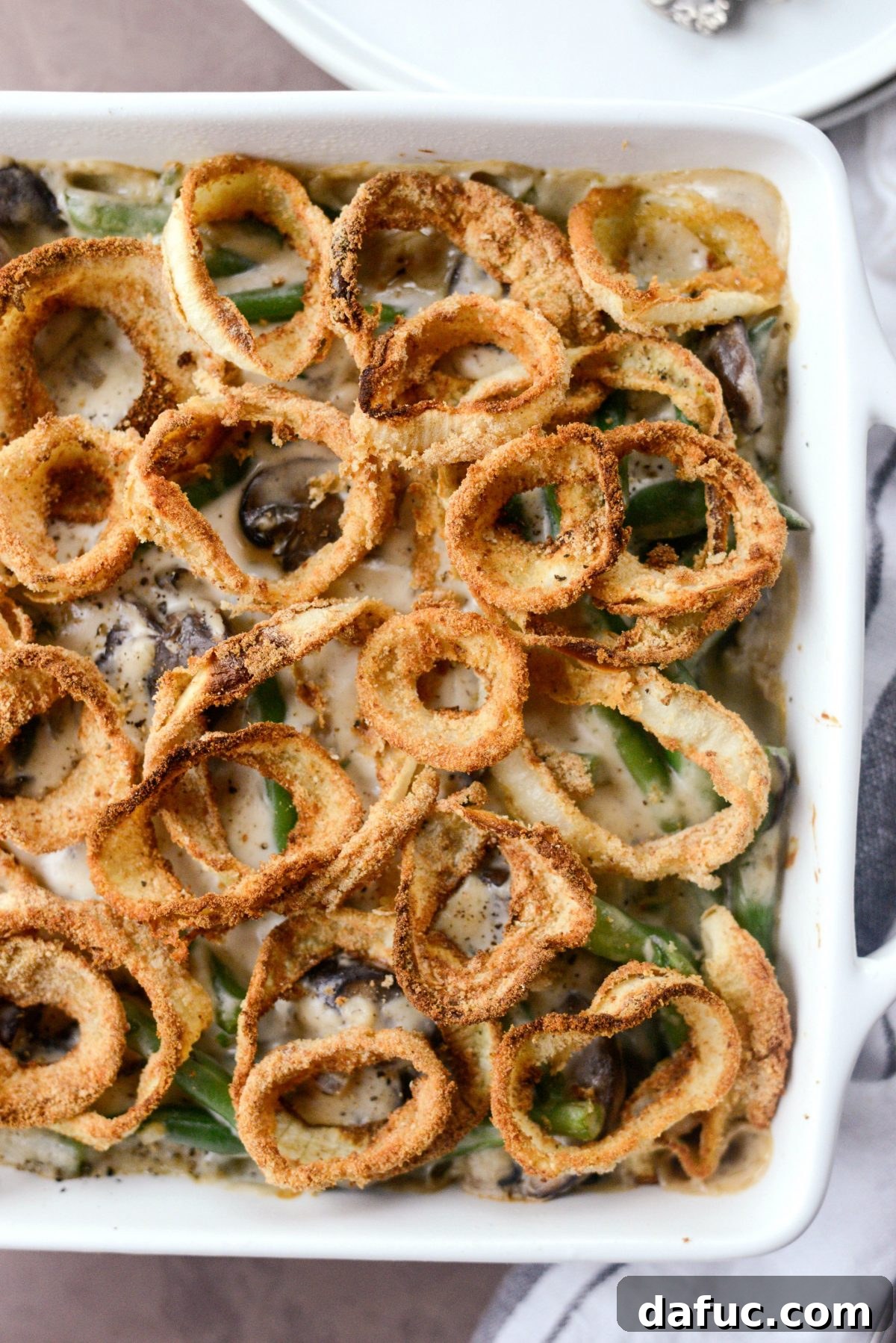 Crispy Onion Crowned Green Bean Casserole 22 Fresh Green Bean Casserole with Onion Ring Topping