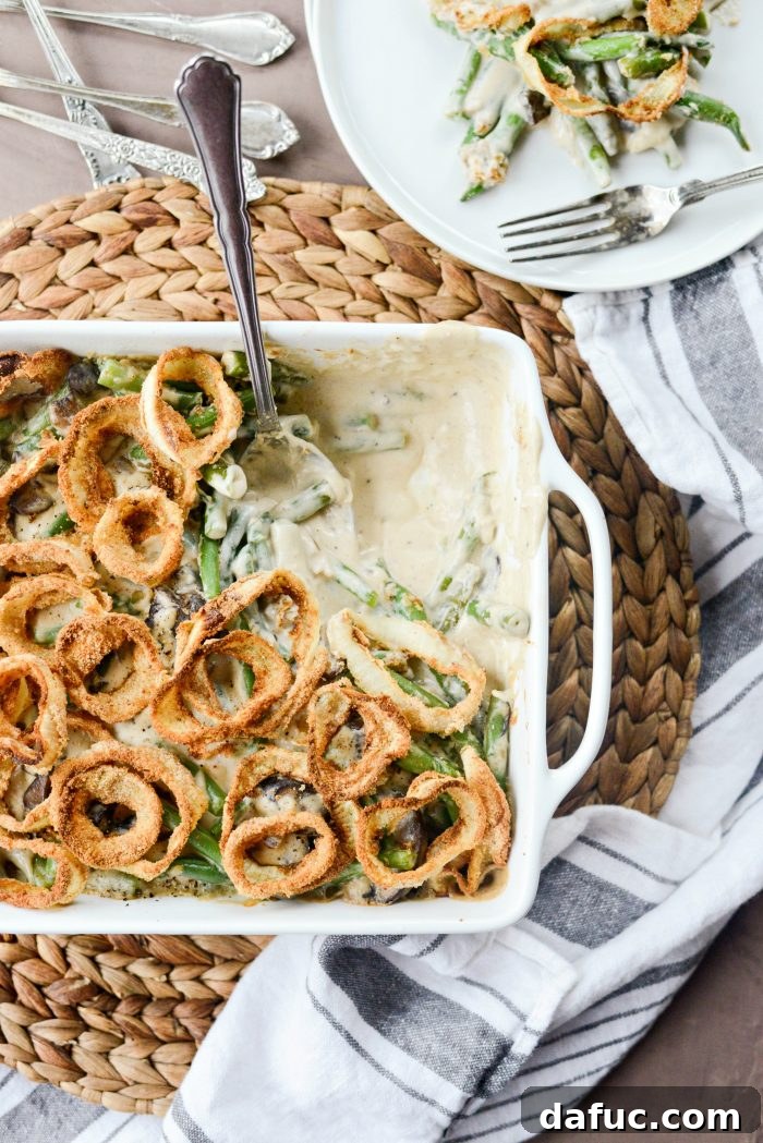 Crispy Onion Crowned Green Bean Casserole 23 Fresh Green Bean Casserole with Onion Ring Topping l SimplyScratch.com
