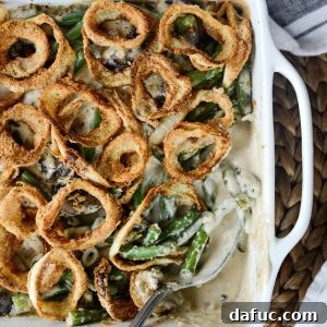 Crispy Onion Crowned Green Bean Casserole 25 Fresh Green Bean Casserole with Onion Ring Topping l SimplyScratch.com