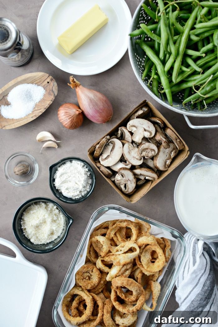 Crispy Onion Crowned Green Bean Casserole 4 Fresh Green Bean Casserole with Onion Ring Topping ingredients