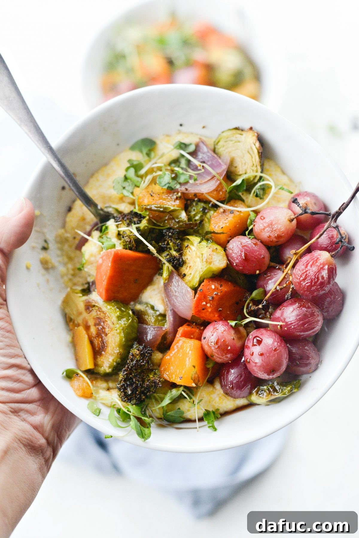 Harvest Roasted Vegetables with Honey Balsamic Glaze on Creamy Goat Cheese Polenta 18 Roasted Honey Balsamic Fall Medley over Goat Cheese Polenta