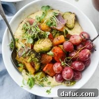 Harvest Roasted Vegetables with Honey Balsamic Glaze on Creamy Goat Cheese Polenta 20 Roasted Honey Balsamic Fall Medley over Goat Cheese Polenta l SimplyScratch.com