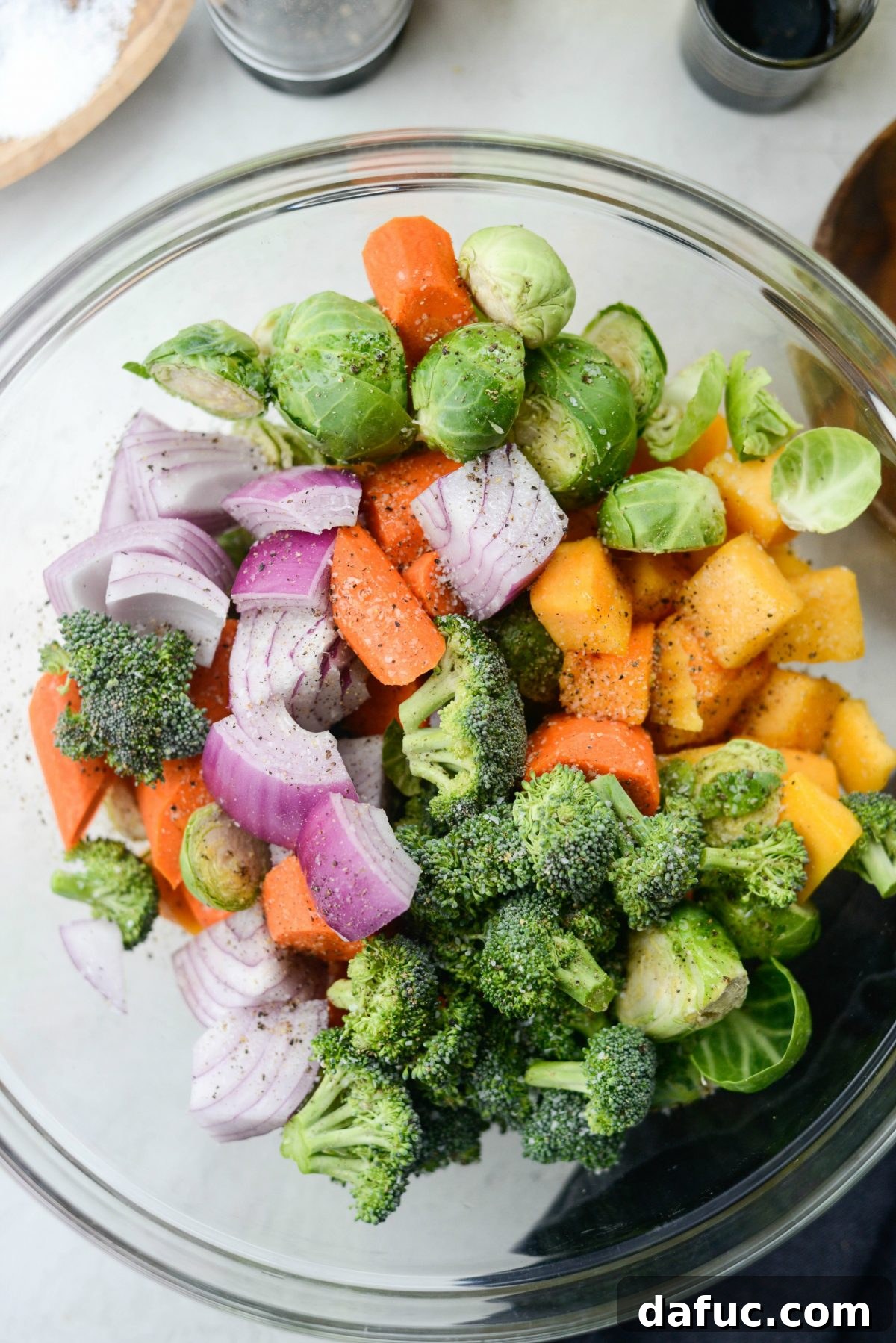 Harvest Roasted Vegetables with Honey Balsamic Glaze on Creamy Goat Cheese Polenta 5 season veggies in a bowl