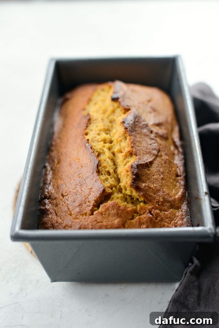 Spiced Pumpkin Ginger Loaf with Luxe Maple Brown Butter Glaze 13 Pumpkin bread batter spooned into the prepared loaf pan, demonstrating the process for even distribution before baking.