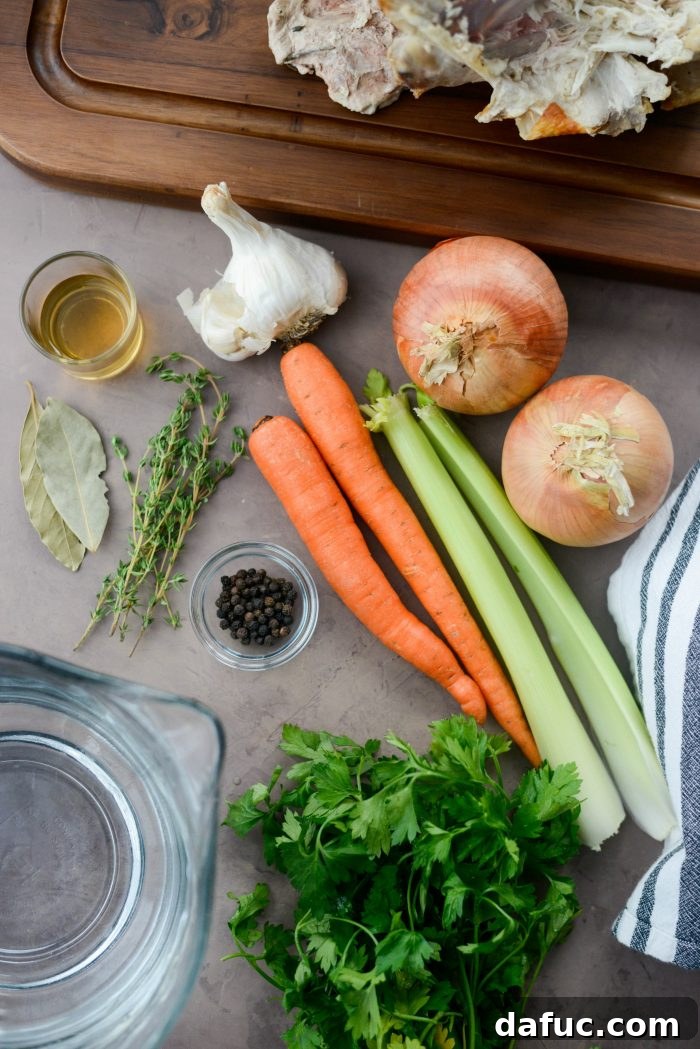 Homemade Turkey Stock ingredients laid out on a table
