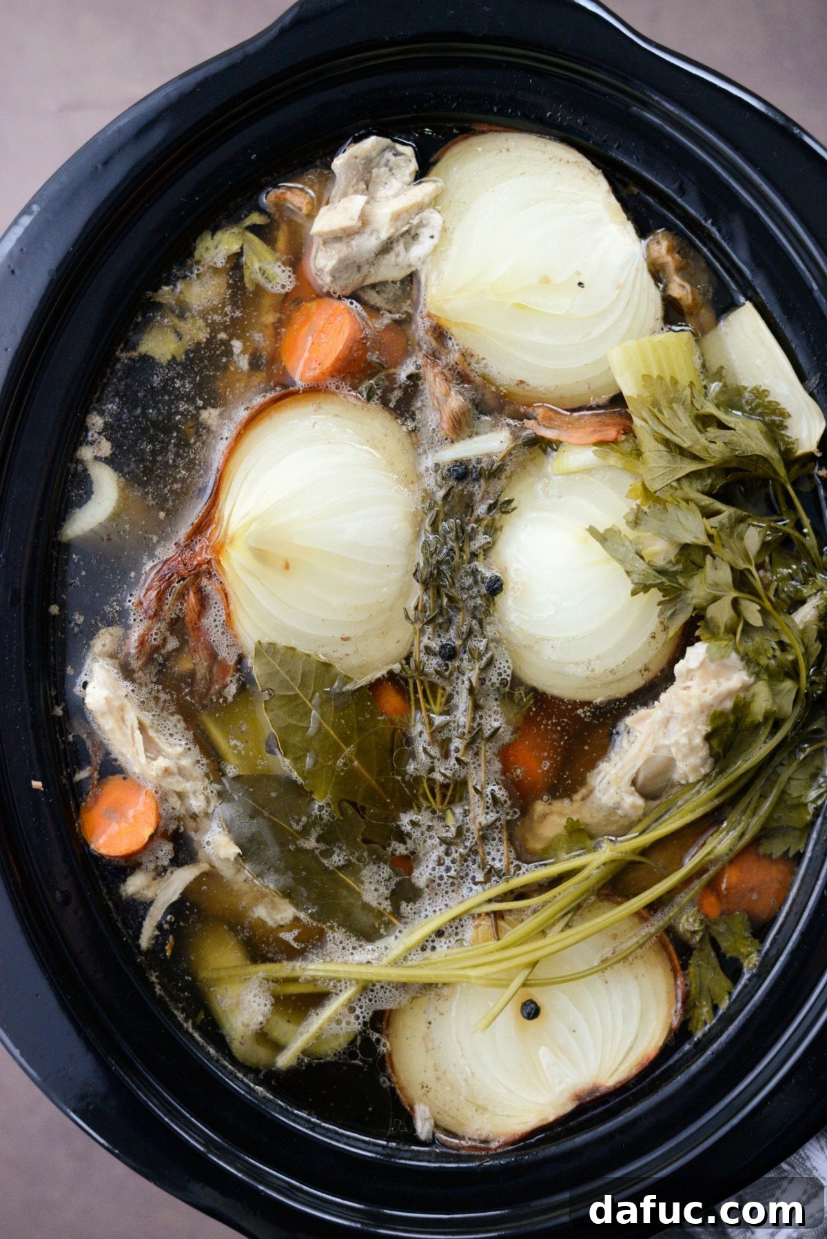 After hours of slow cooking, turkey stock is ready