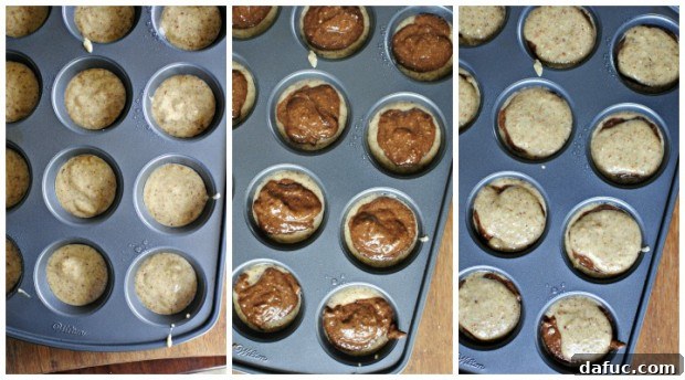 Layering plain and chocolate banana batter into muffin cups