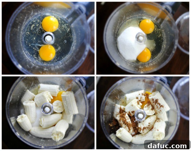 Eggs, sugar, bananas, and cinnamon in a food processor