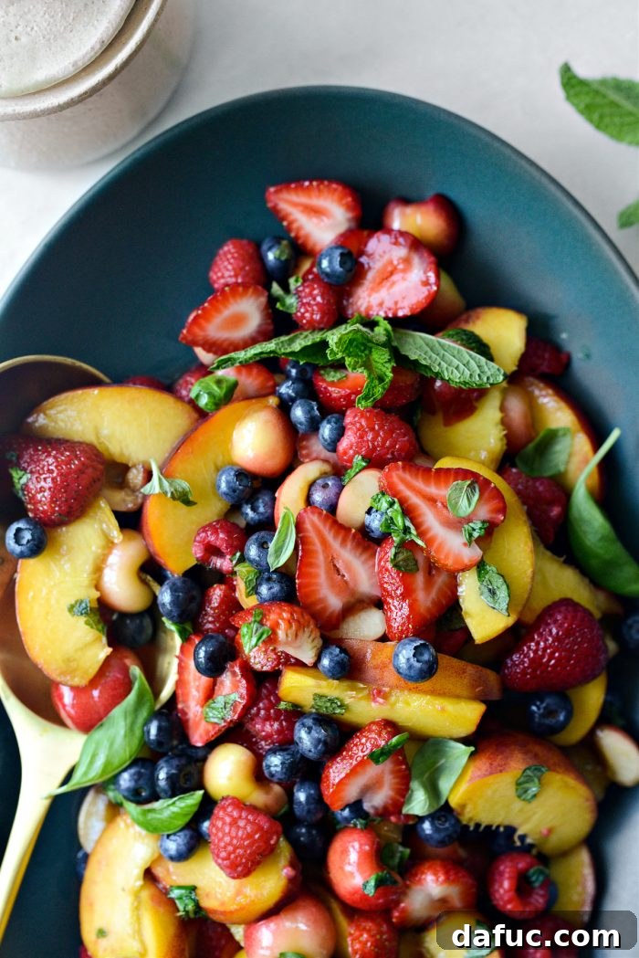 Final presentation of the delicious Summer Fruit Salad, beautifully arranged and ready to be enjoyed