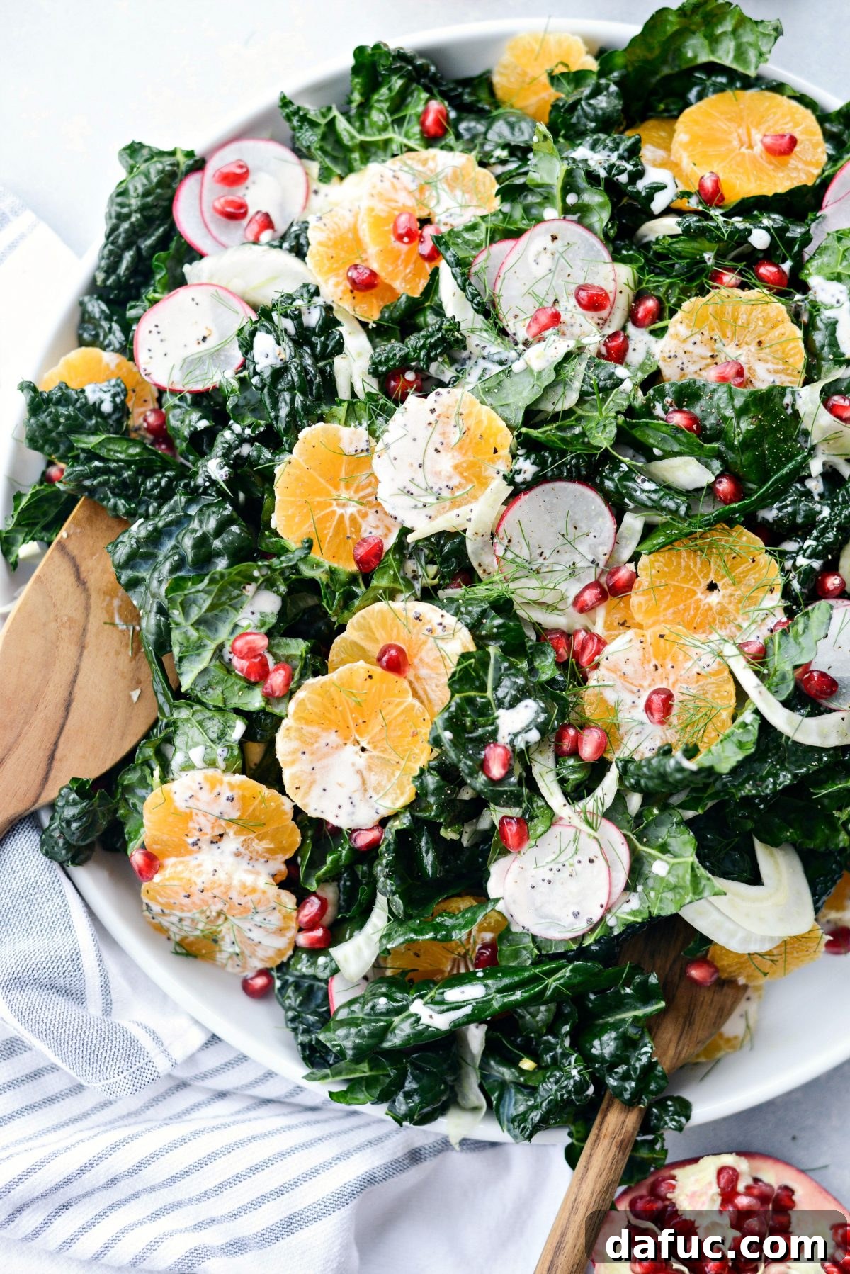 Overhead shot of Winter Clementine Fennel and Kale Salad on a serving plate