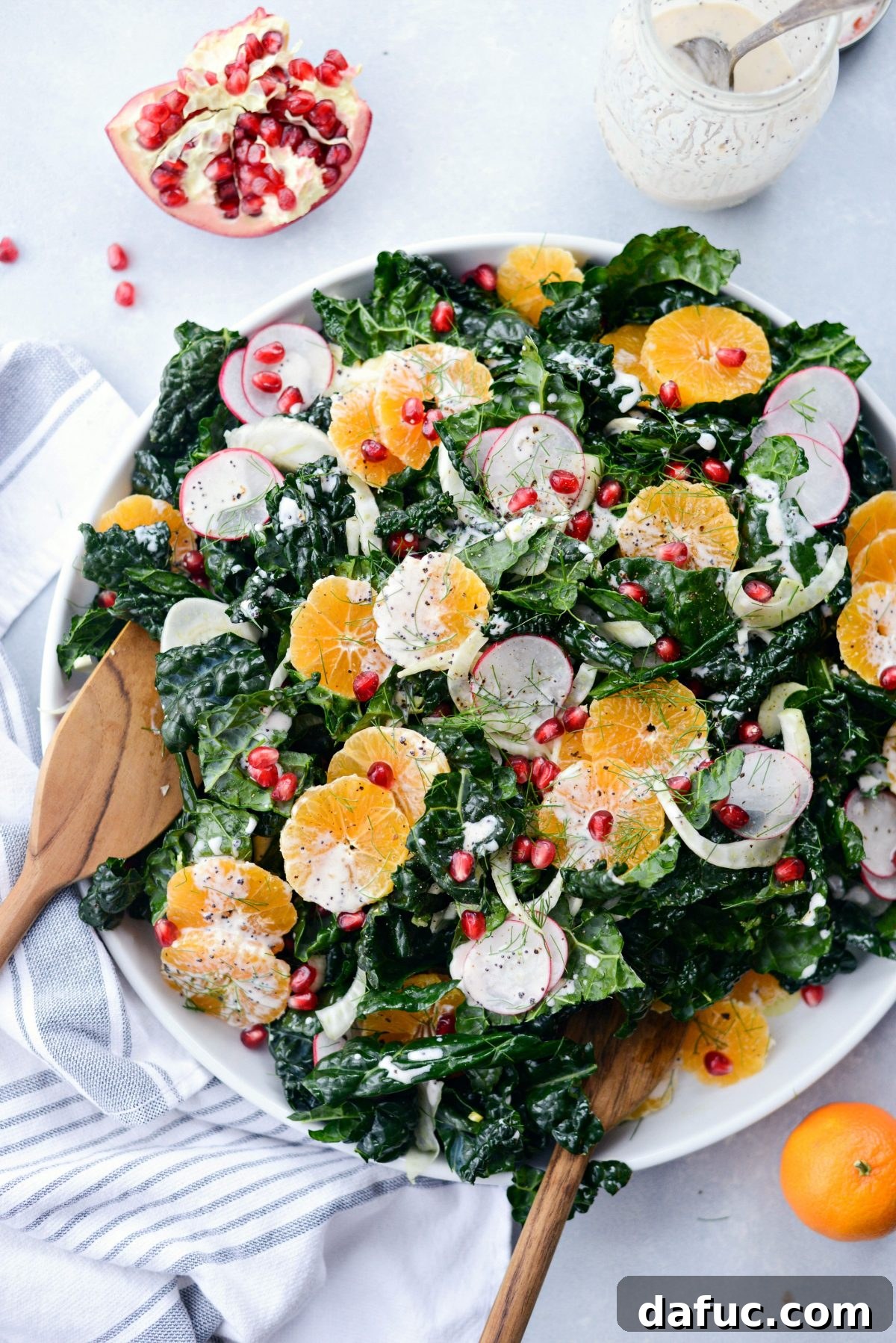 Close up of Winter Clementine Fennel and Kale Salad with creamy dressing