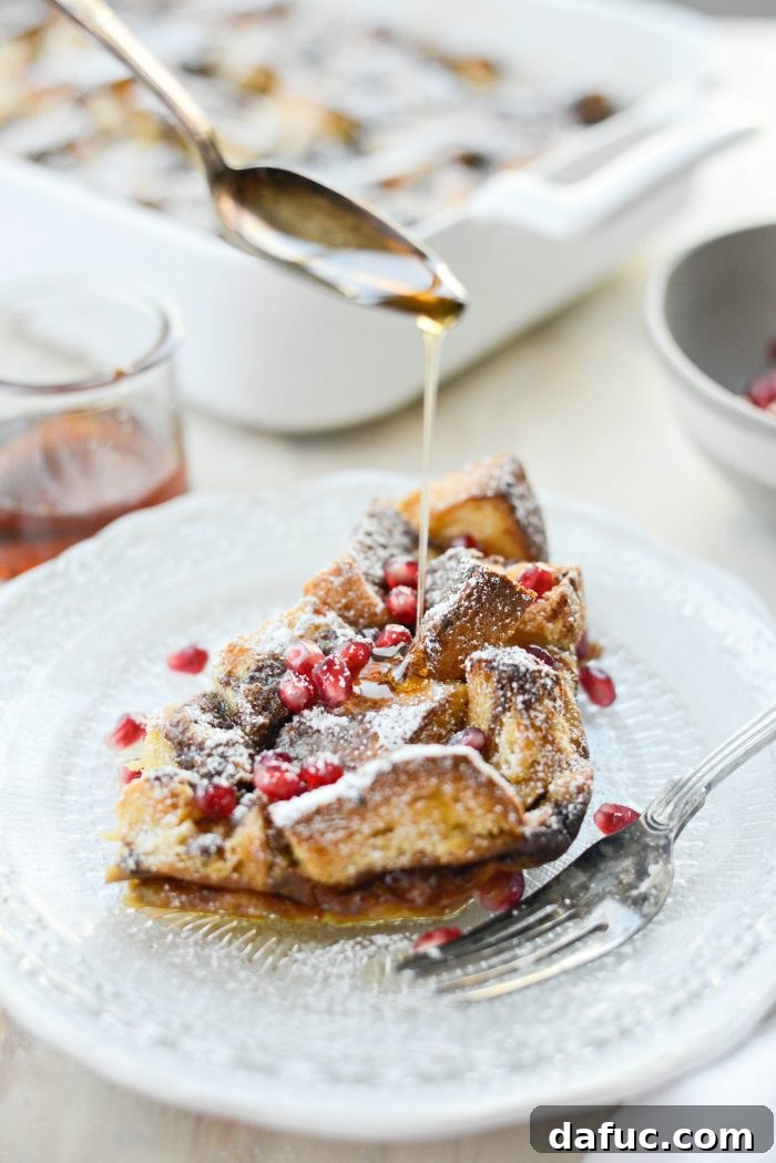 Gingerbread French Toast Bake drizzled with maple syrup