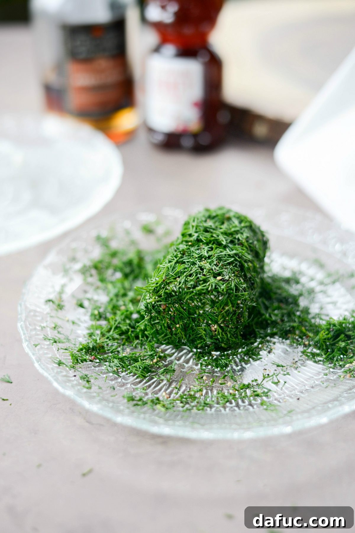 Dill coated goat cheese log ready for serving