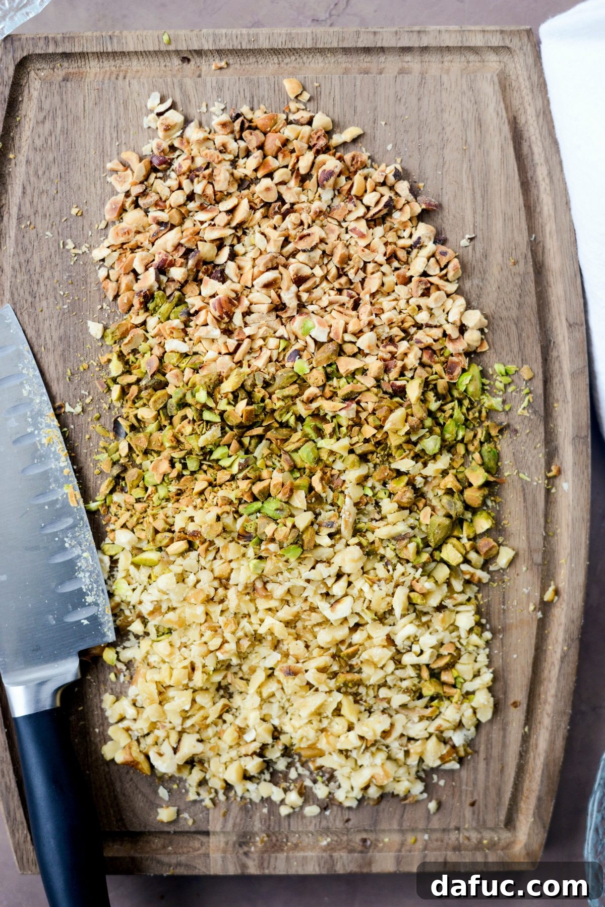 Assortment of finely chopped nuts (hazelnuts, pistachios, walnuts) on a plate